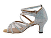 Glamorous silver ballroom heels with glitter, satin, and mesh embellishments