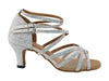 Stylish white heels adorned with sparkling glitter, satin, and mesh design