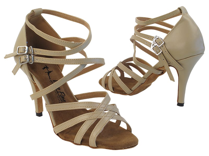 Stylish tan leather ballroom heels with classic design