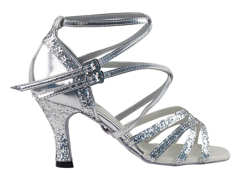 Elegant silver ballroom heels featuring mirage sparkle and genuine leather