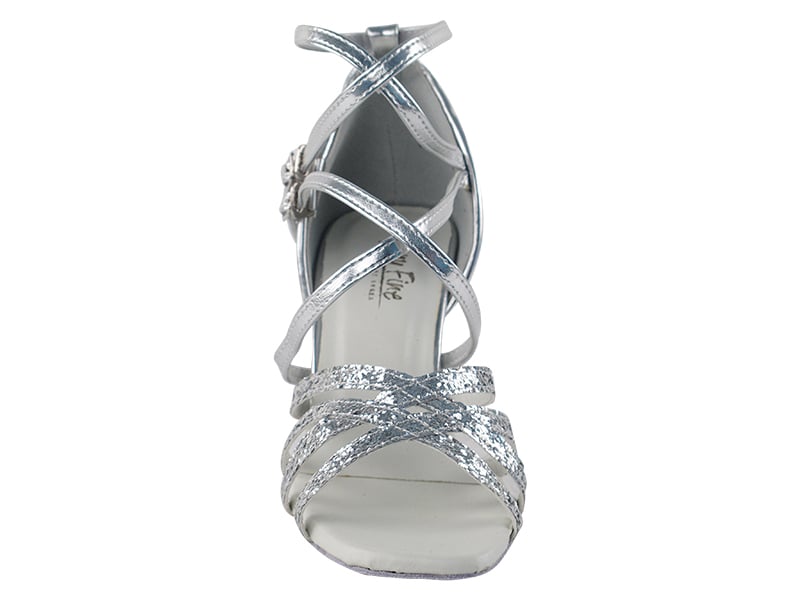 Elegant silver ballroom heels featuring mirage sparkle and genuine leather