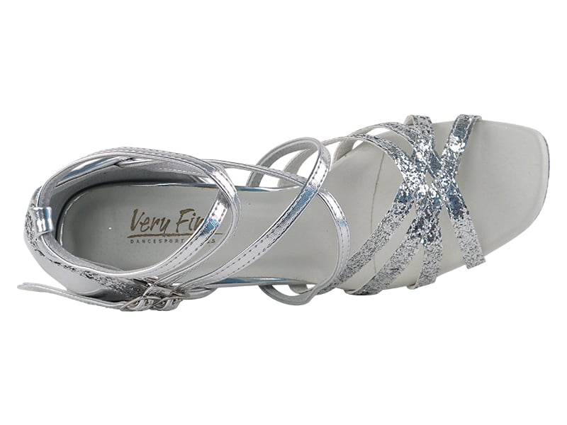 Stunning silver heels with shimmering sparkle and leather accents