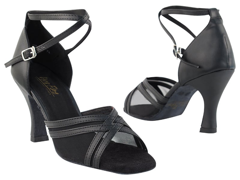 Sophisticated black leather and mesh ballroom heels with sleek design