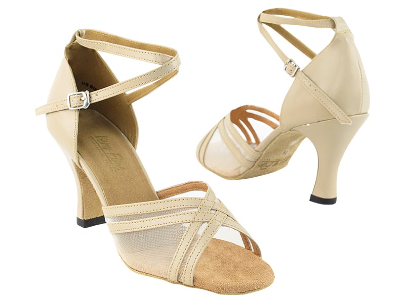 Tan leather ballroom heels with flesh mesh accents