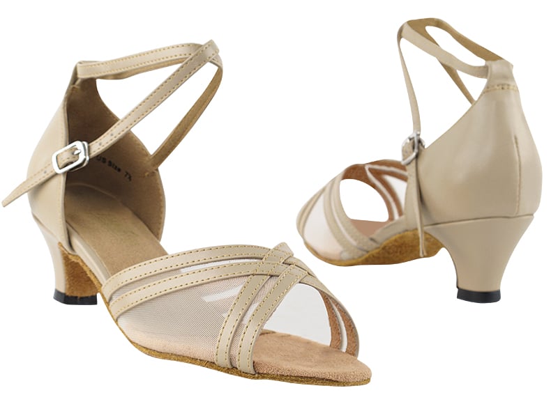 Tan leather ballroom heels with flesh mesh detailing