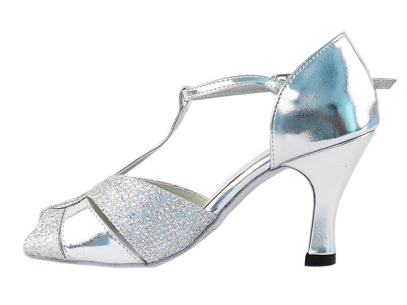 Stylish ballroom heels in silver leather and sparklenet fabric