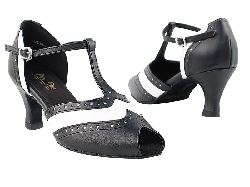 Black Leather Ballroom Heels with White Trim