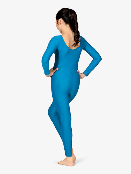 Adult Scoop Neck Nylon Long Sleeve Blue Unitard