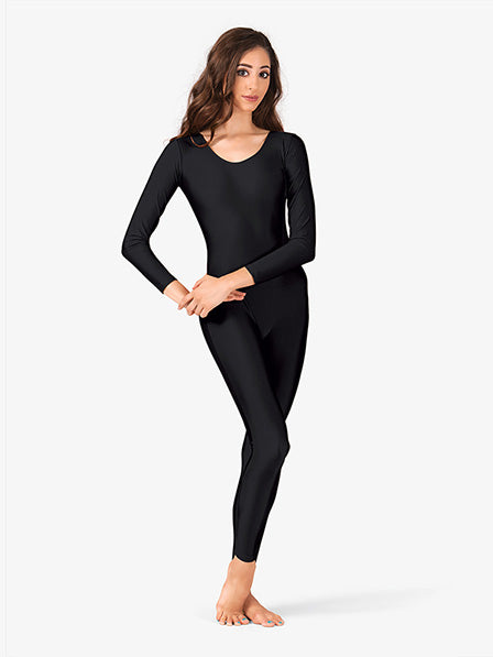 Adult Scoop Neck Nylon Long Sleeve Black Unitard