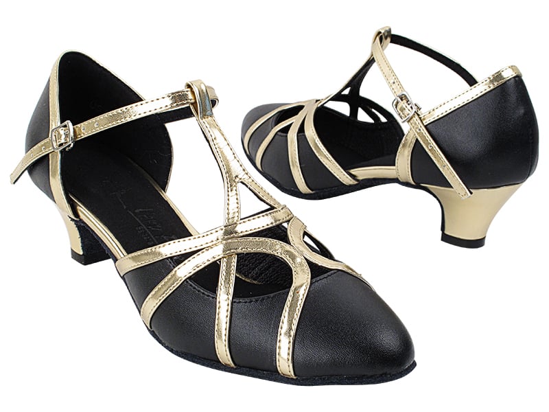 Black Leather & Light Gold Trim Ballroom heels