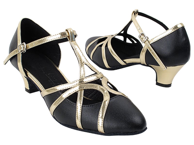 Black Leather & Light Gold Trim Dance heels