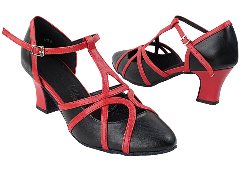 Black Leather & Red Trim Thick Cuban Ballroom Heel