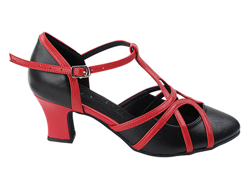 Black Leather & Red Trim Thick Cuban Ballroom Heel