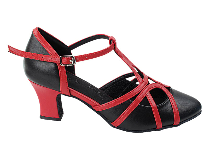 SERA3541 Black Leather & Red Trim Thick Cuban Heel