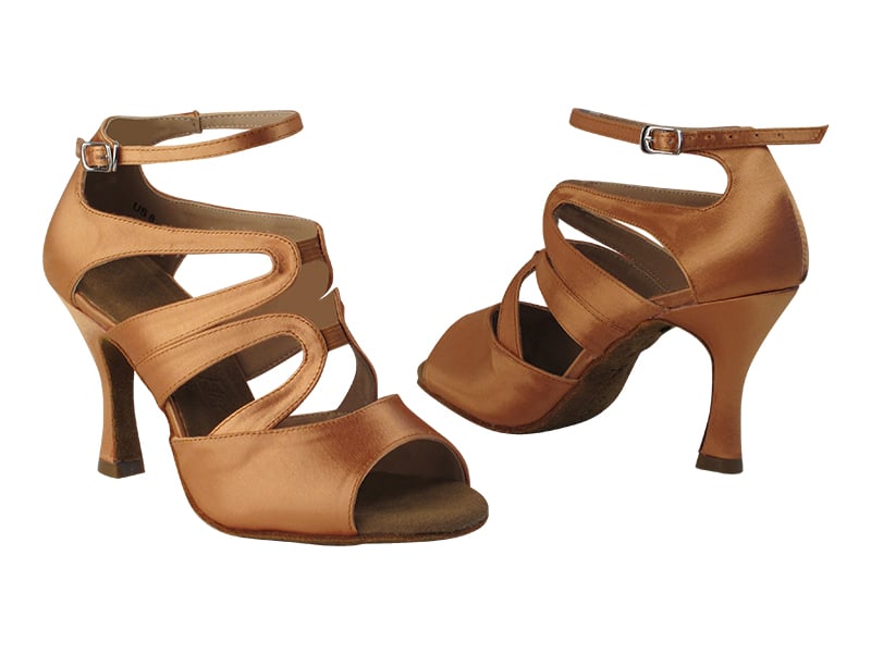 Tan satin ballroom heels: sophisticated footwear for dancers