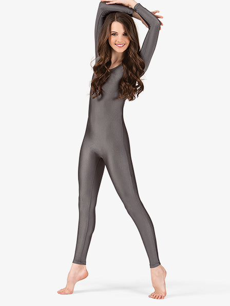 Girls Scoop Neck Nylon Long Sleeve Grey Unitard