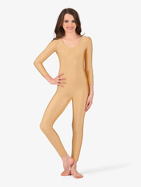 Girls Scoop Neck Nylon Long Sleeve Gold Unitard