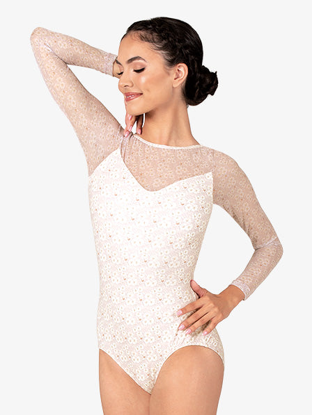 Womens Wild Tea Rose Mesh Long Sleeve White Leotard