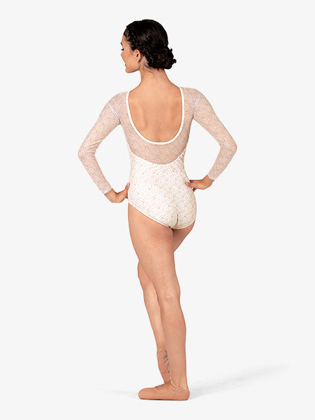 Womens Wild Tea Rose Mesh Long Sleeve White Leotard