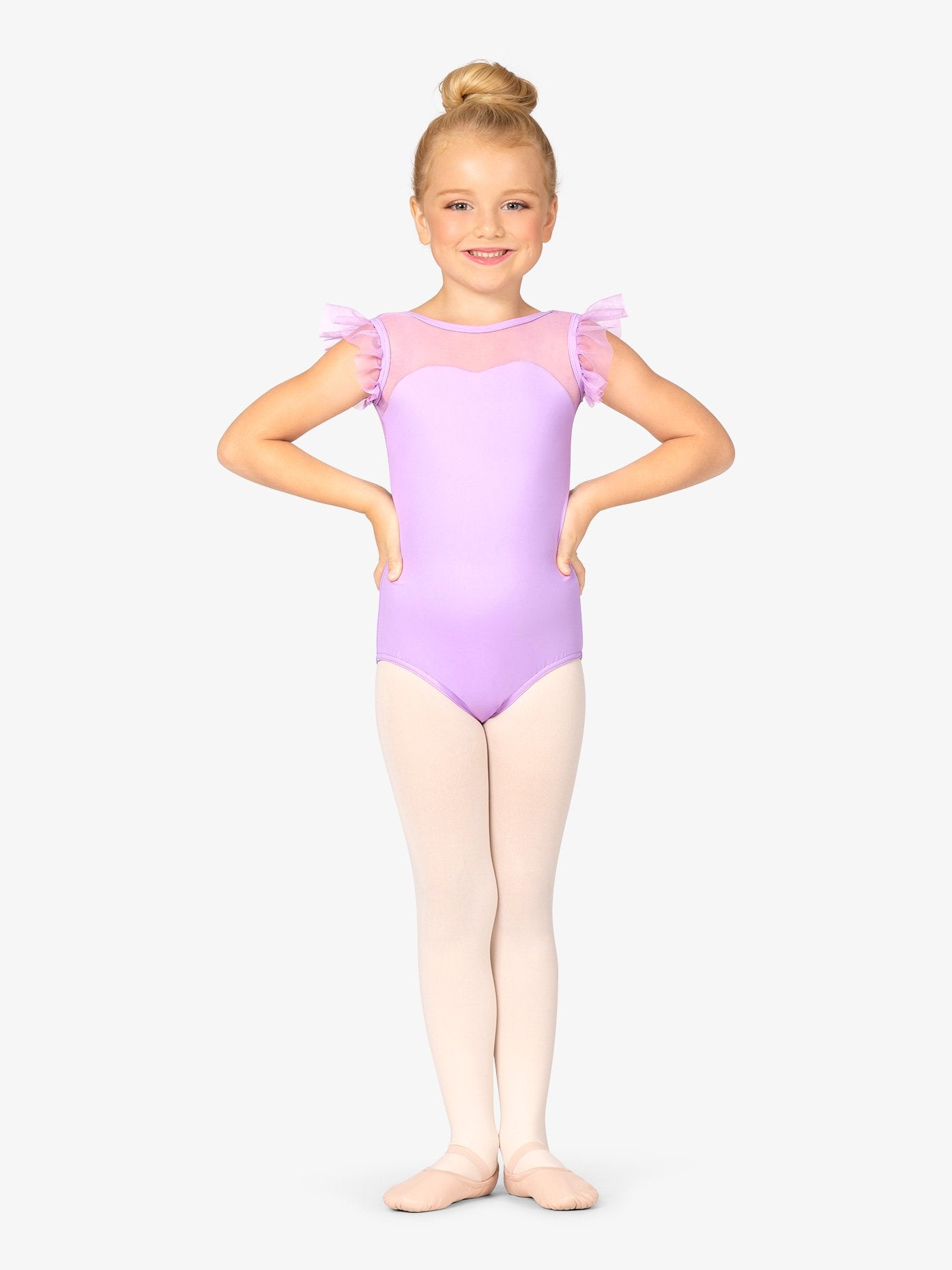 Girls Mesh Ruffle Sleeve Purple Leotard