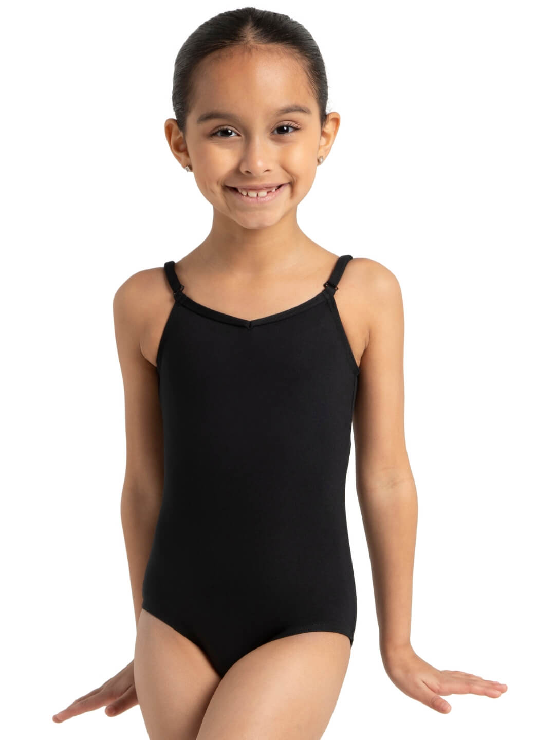 Camisole Leotard with Adjustable Straps for Girls: Soft, stretchy leotard featuring adjustable straps - black