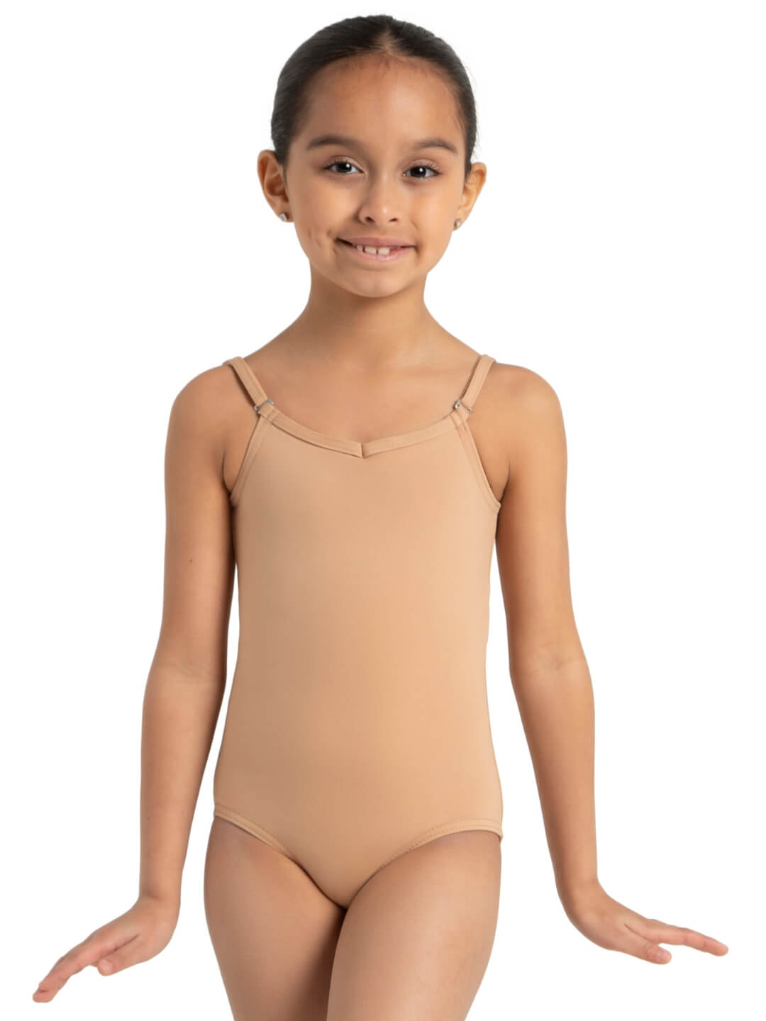 Camisole Leotard with Adjustable Straps for Girls: Soft, stretchy leotard featuring adjustable straps - tan