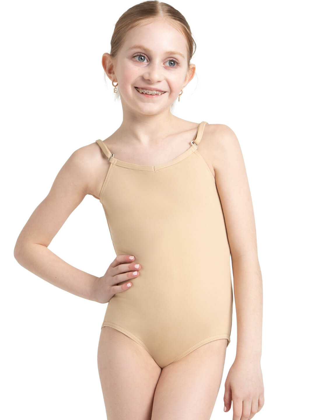 Camisole Leotard with Adjustable Straps for Girls: Soft, stretchy leotard featuring adjustable straps - tan 