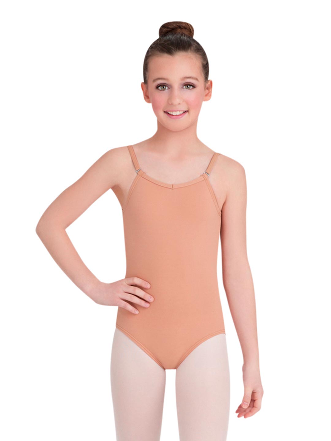 Camisole Leotard with Adjustable Straps for Girls: Soft, stretchy leotard featuring adjustable straps - tan