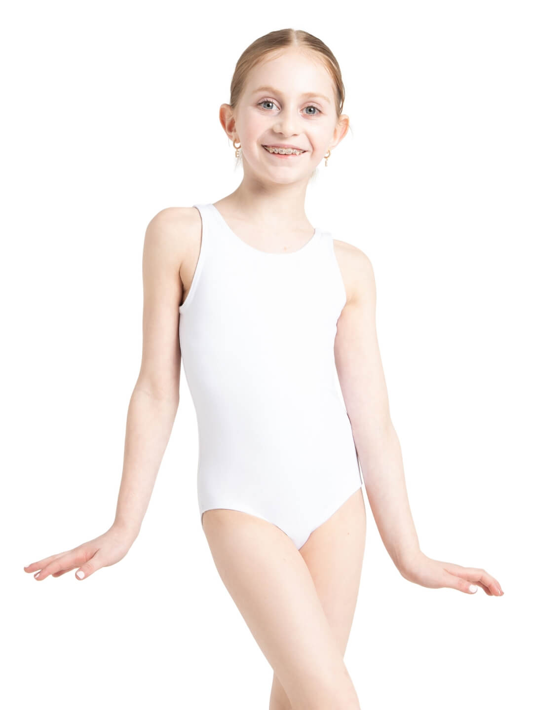 Tank Leotard for girls, a classic and comfortable sleeveless leotard designed for flexibility and ease - white