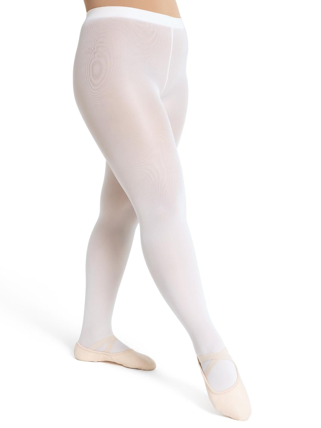 Ultra Soft Self Knit Waistband Transition® Tight, a comfortable and durable dance tight with a soft self-knit waistband - white