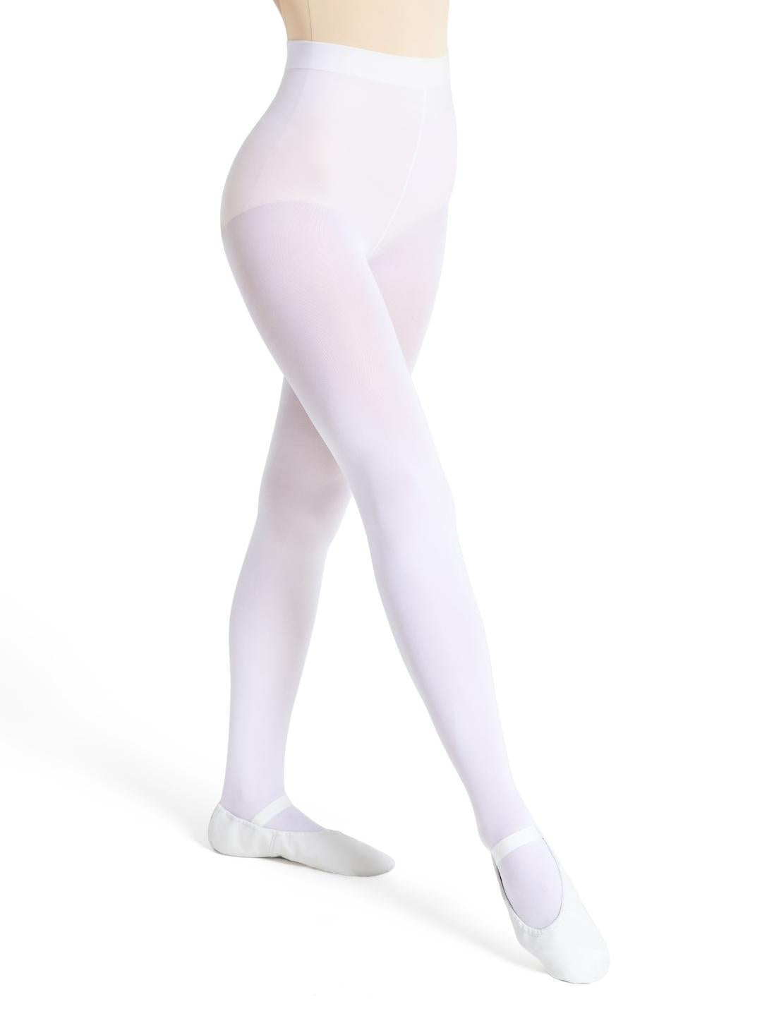 Ultra Soft Self Knit Waistband Transition® Tight, a comfortable and durable dance tight with a soft self-knit waistband - white