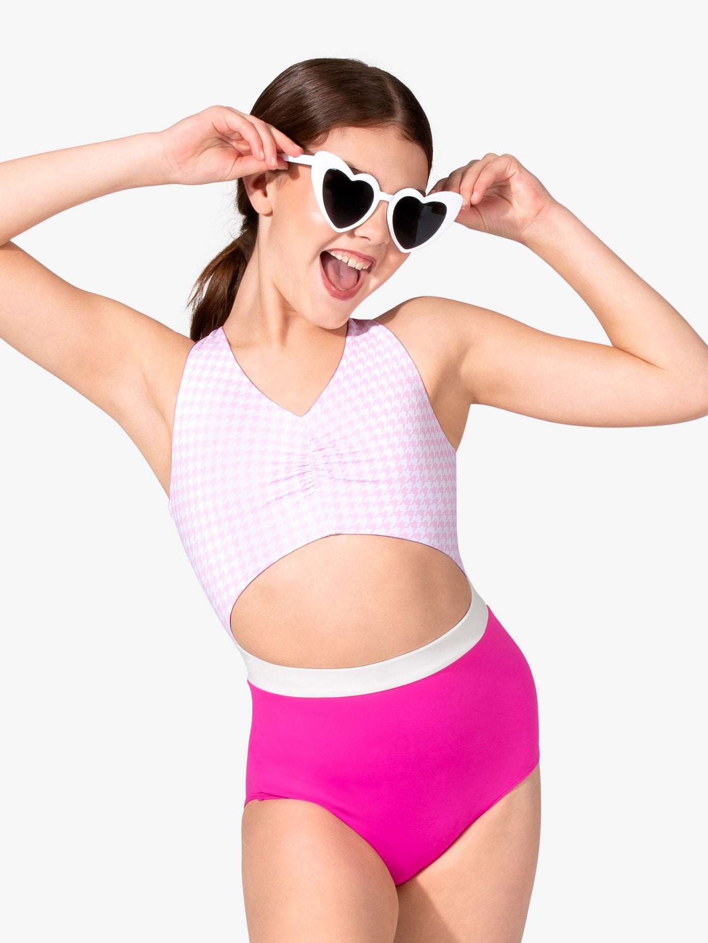 Stylish Pink Houndstooth Open Back Dance Leotard