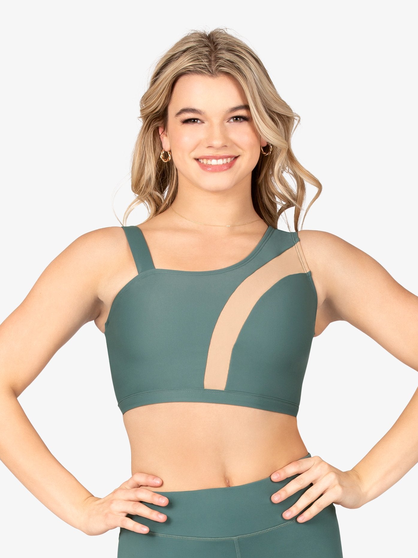 Green Asymmetrical Mesh Inset Top for Women