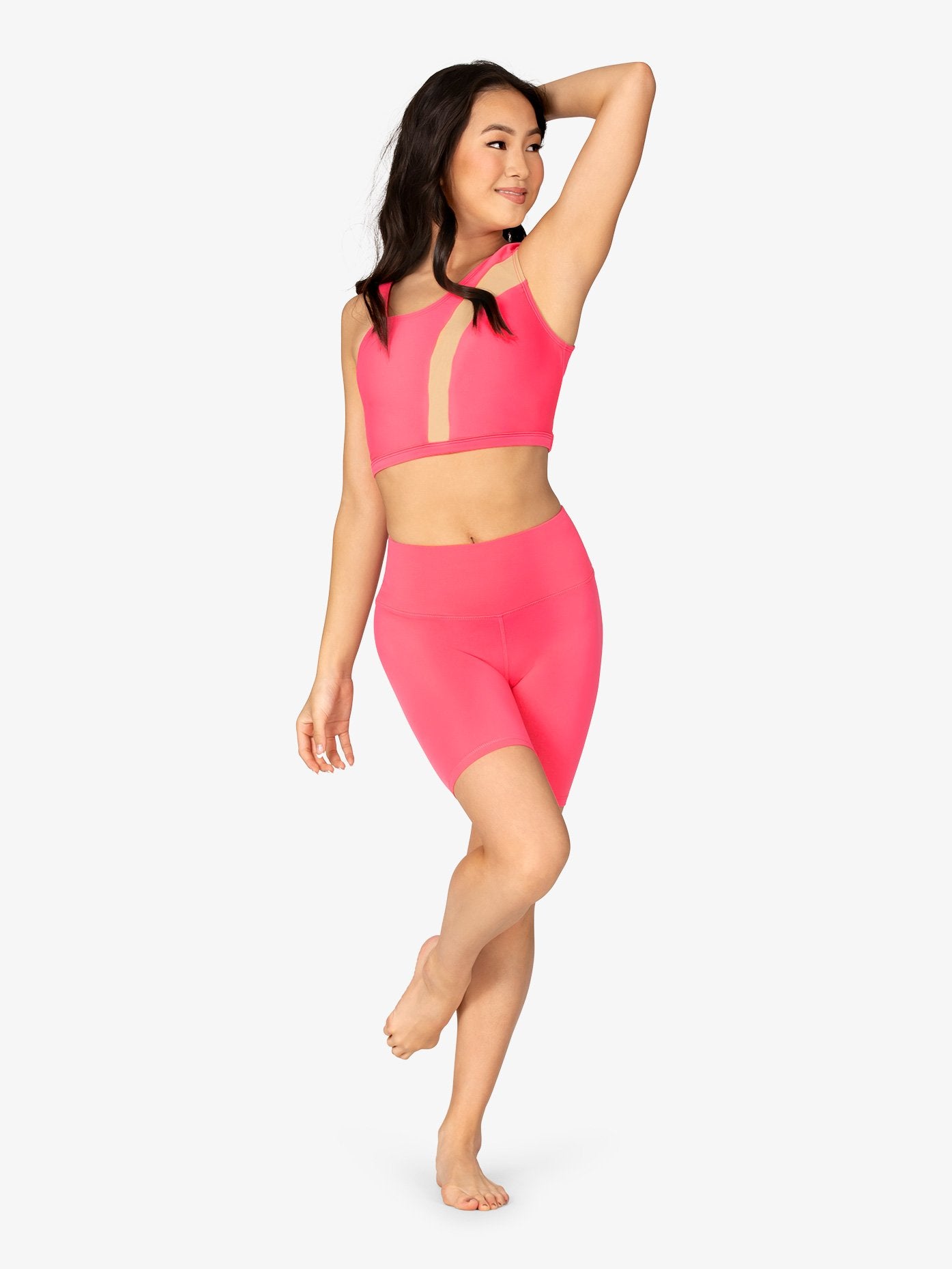 Pink Asymmetrical Mesh Inset Top for Women