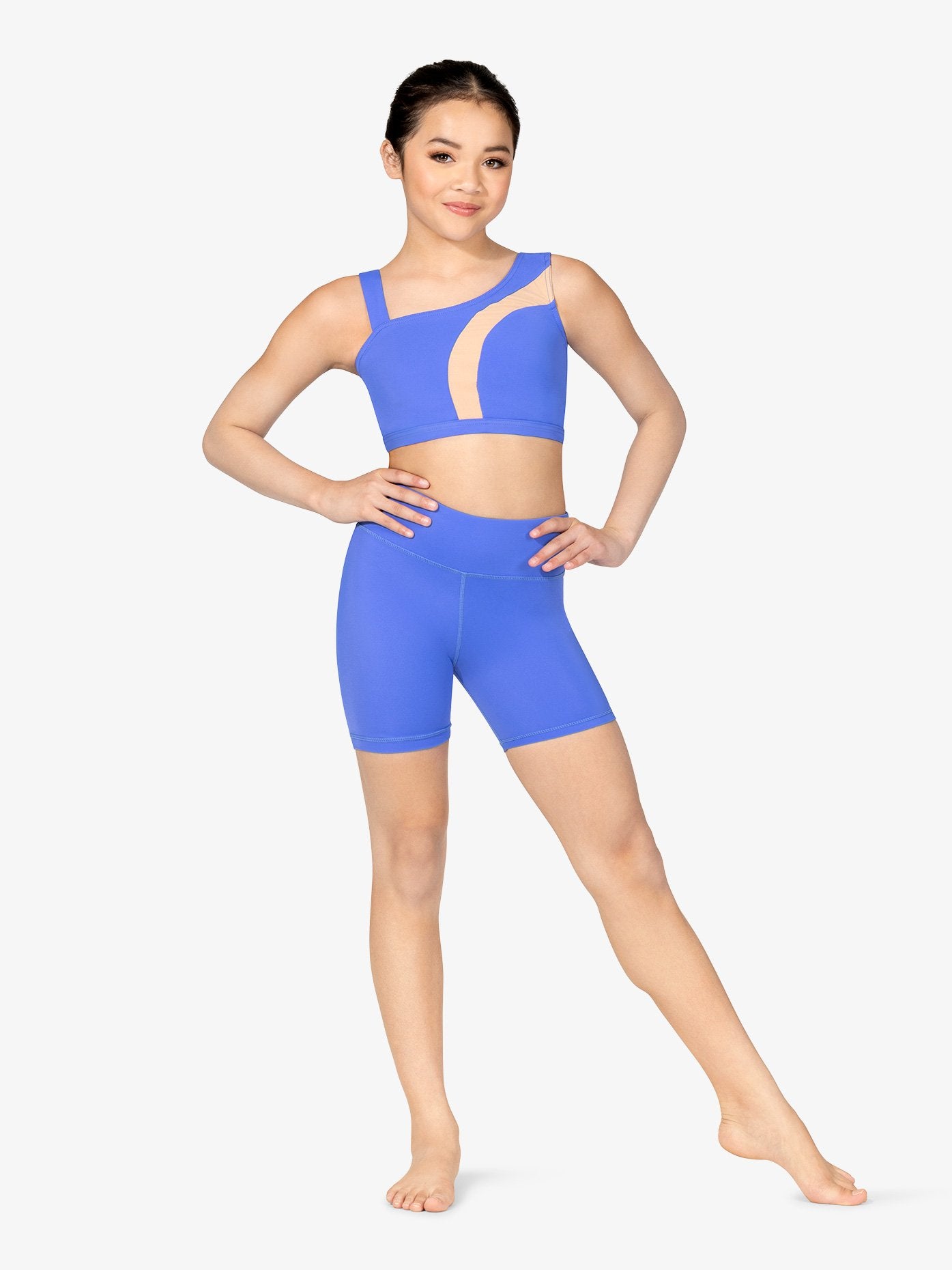 Blue Asymmetrical Mesh Inset Top for Women