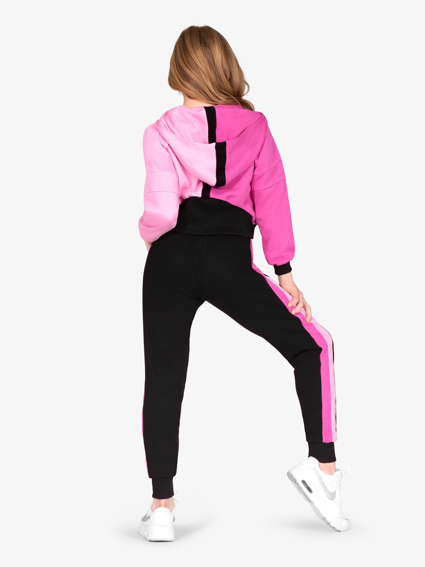 zip front detail on pink color block crop hoodie