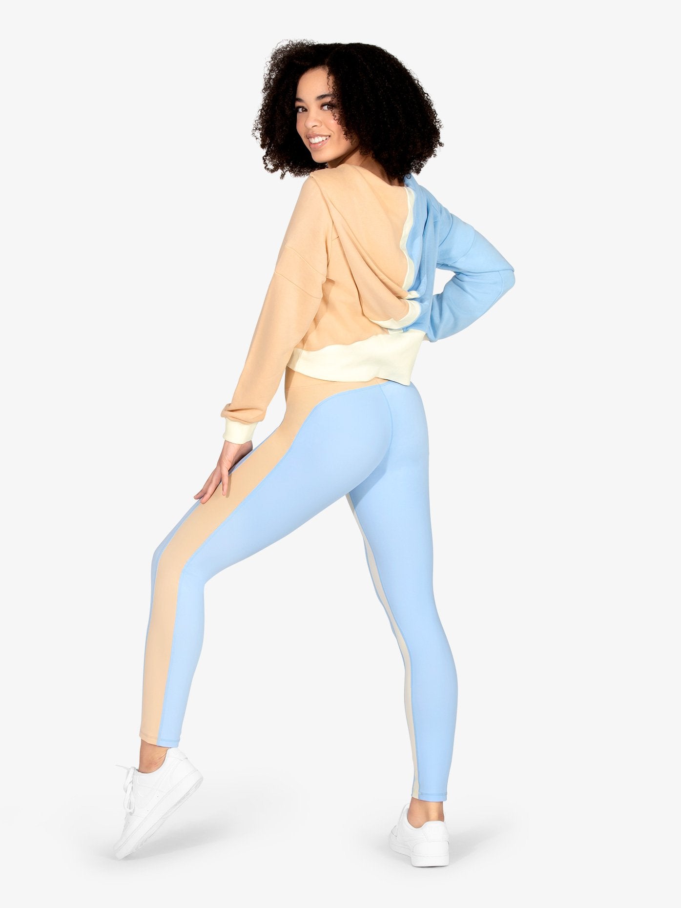 Blue and tan color block zip front crop hoodie showcasing unique design