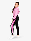 Detail of the color block design on pink zip front crop hoodie