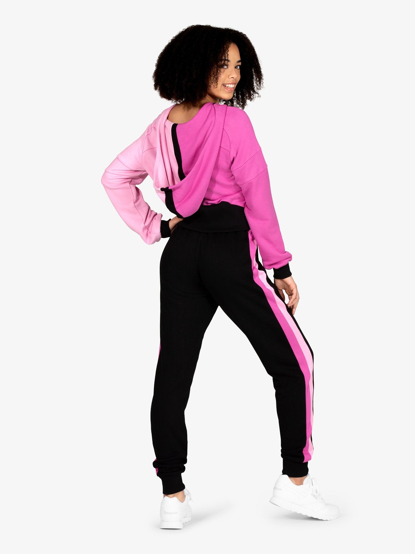 Stylish pink color block zip front crop hoodie for casual wear