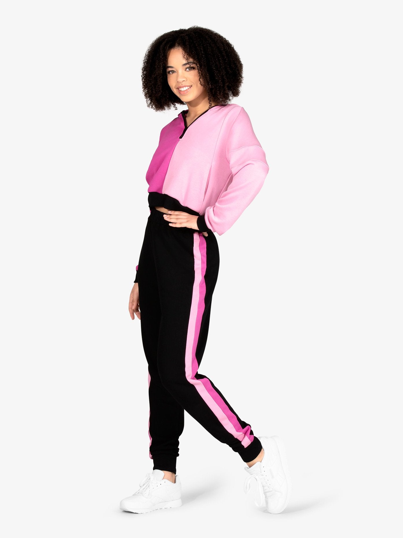 Stylish pink color block zip front crop hoodie for casual wear