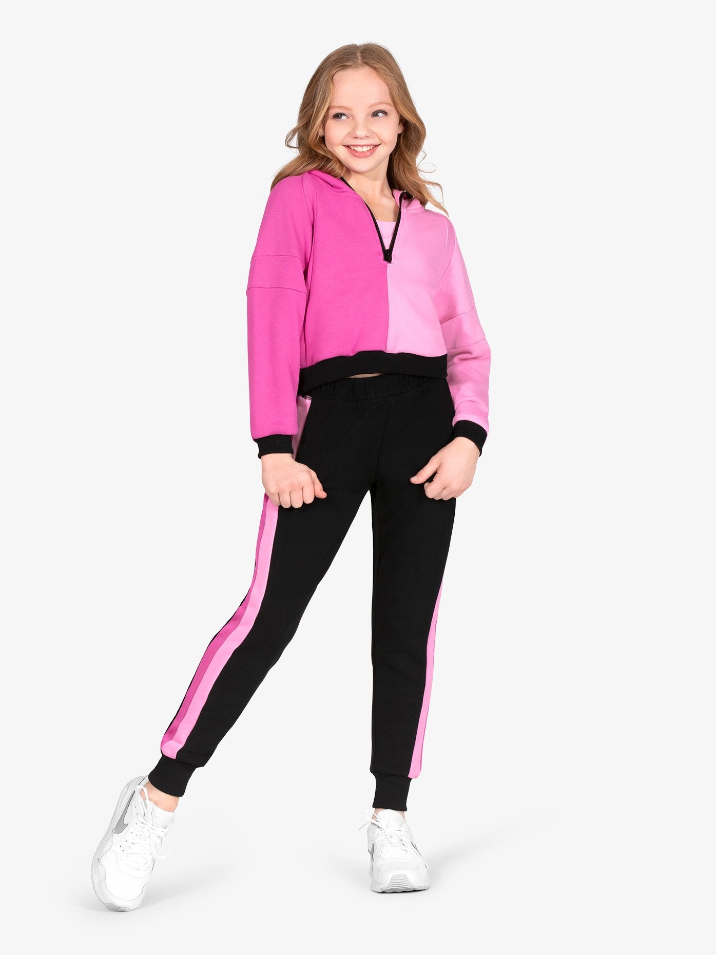 zip front detail on pink color block crop hoodie