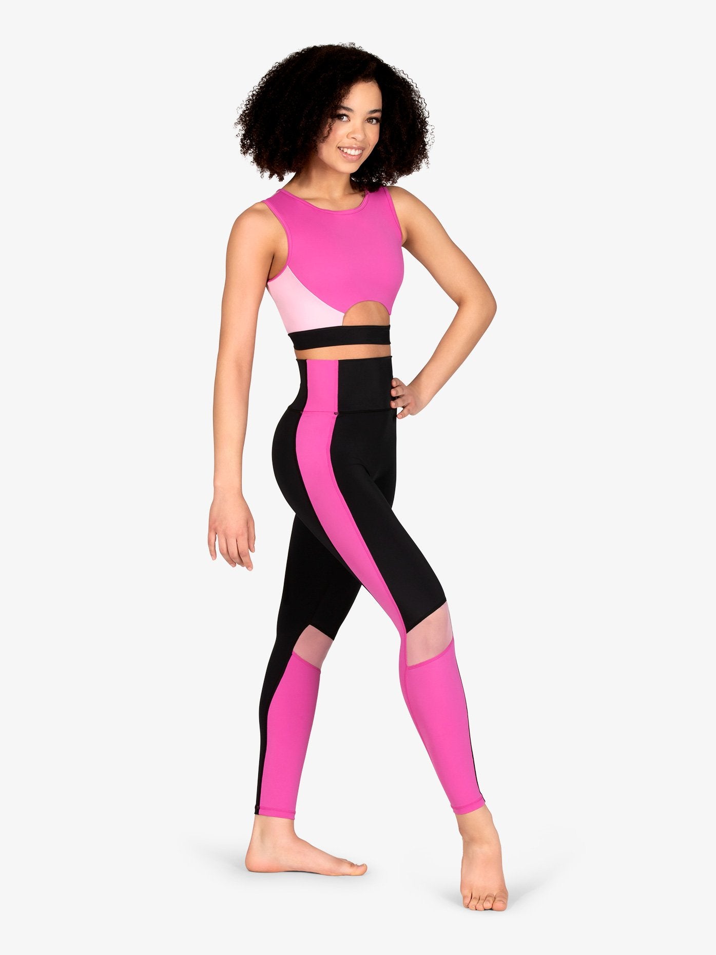 Detail of the black and pink color block pattern on racer back crop top