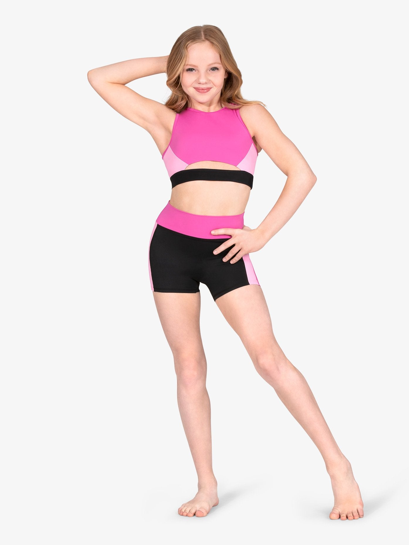 Black and pink color block racer back crop top