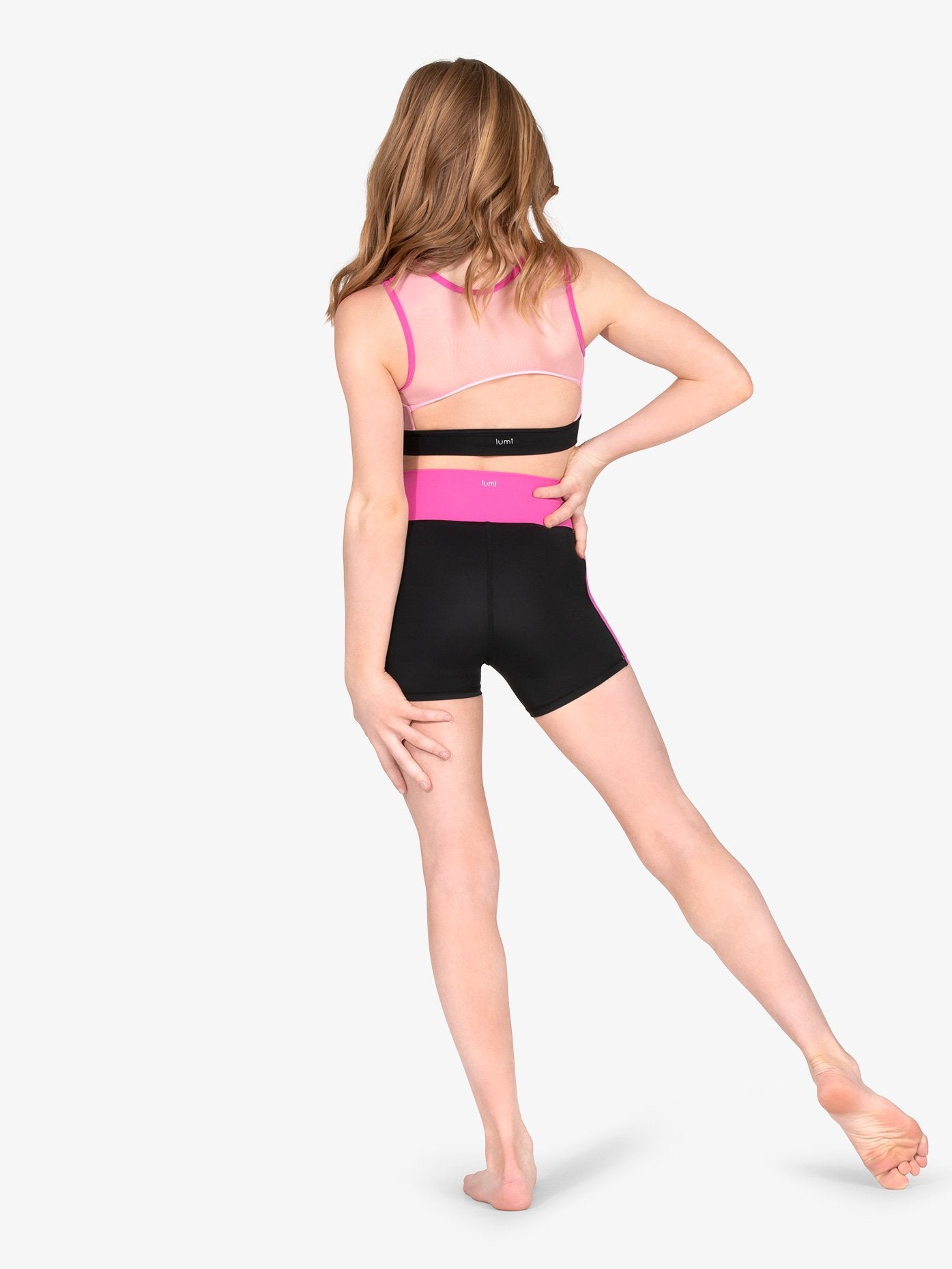 Black and pink color block racer back crop top