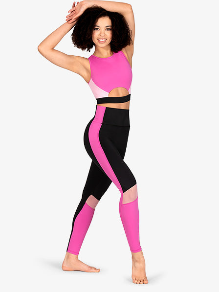 color block design on berry pink full-length leggings