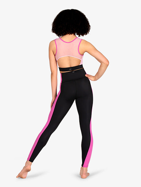 color block design on berry pink full-length leggings