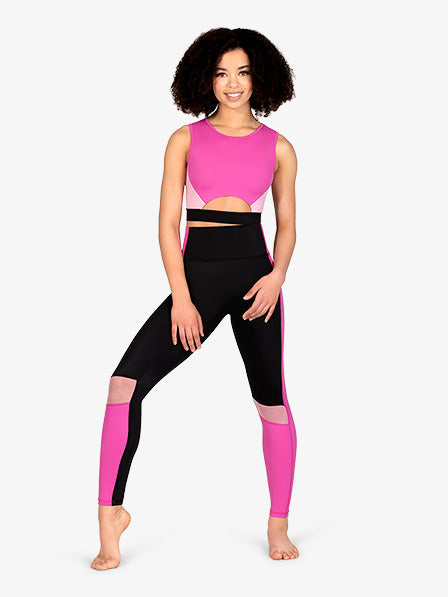 color block design on berry pink full-length leggings