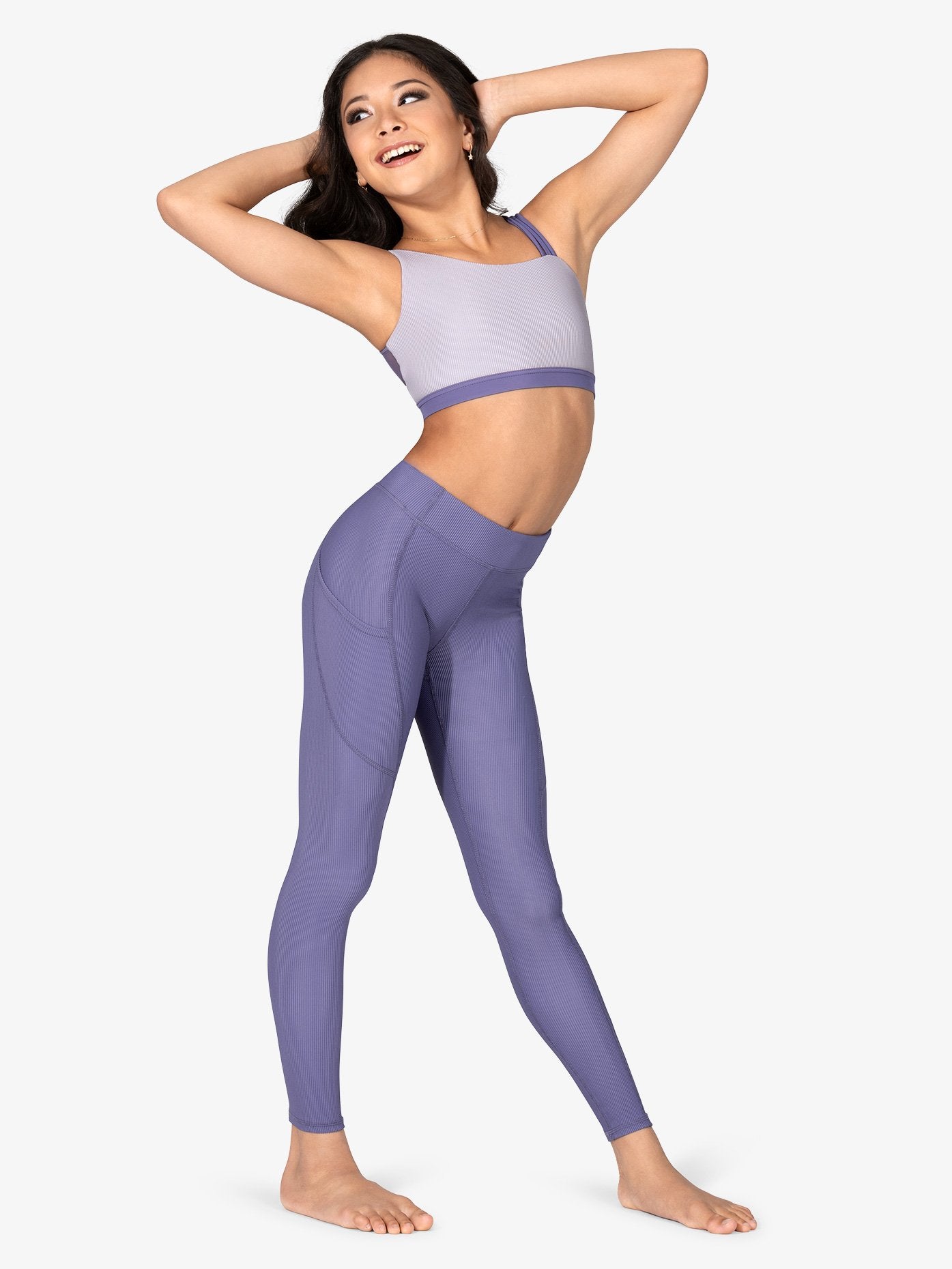 High waisted ribbed purple leggings with side pockets