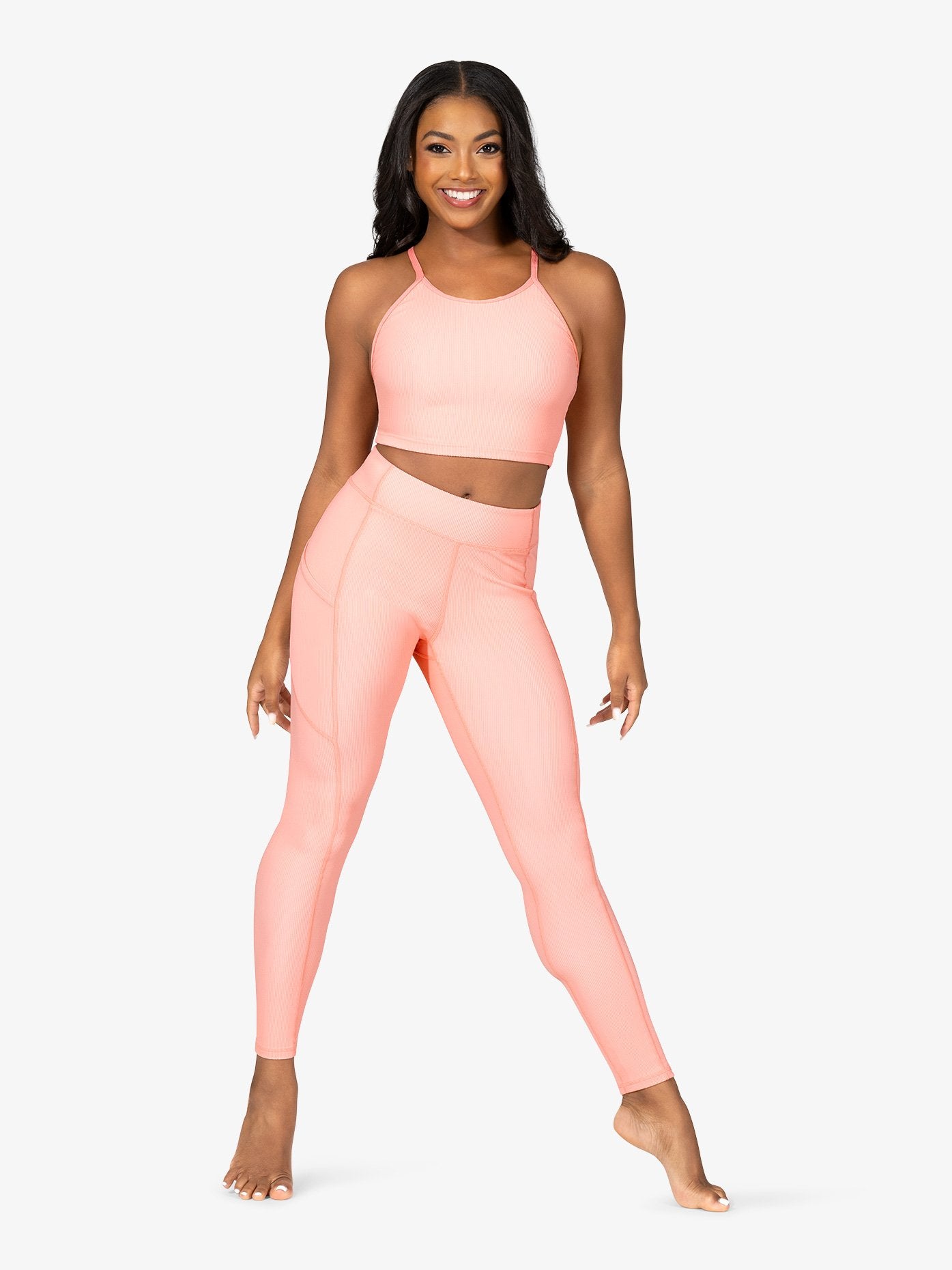 High waist peach ribbed leggings with side pockets