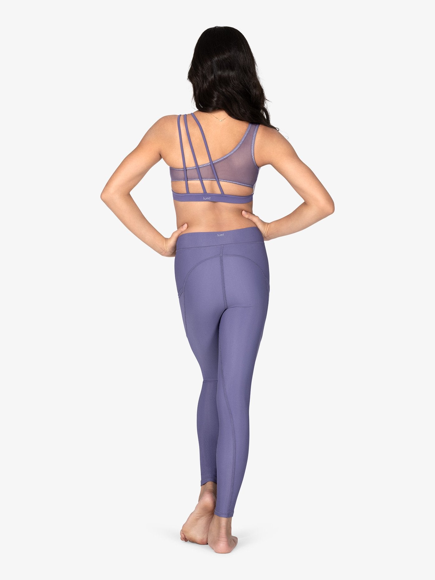ribbed texture on high waisted purple leggings with pockets